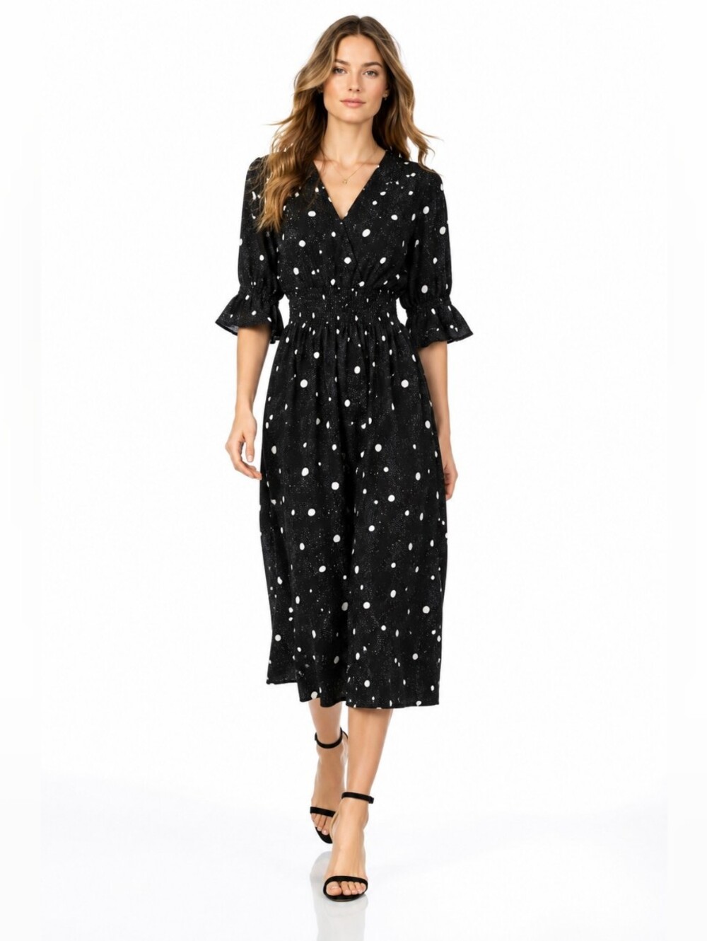 Roolee Black Polka Dot Midi Dress, V Neck, Smocked Waist, Elegant, Size M